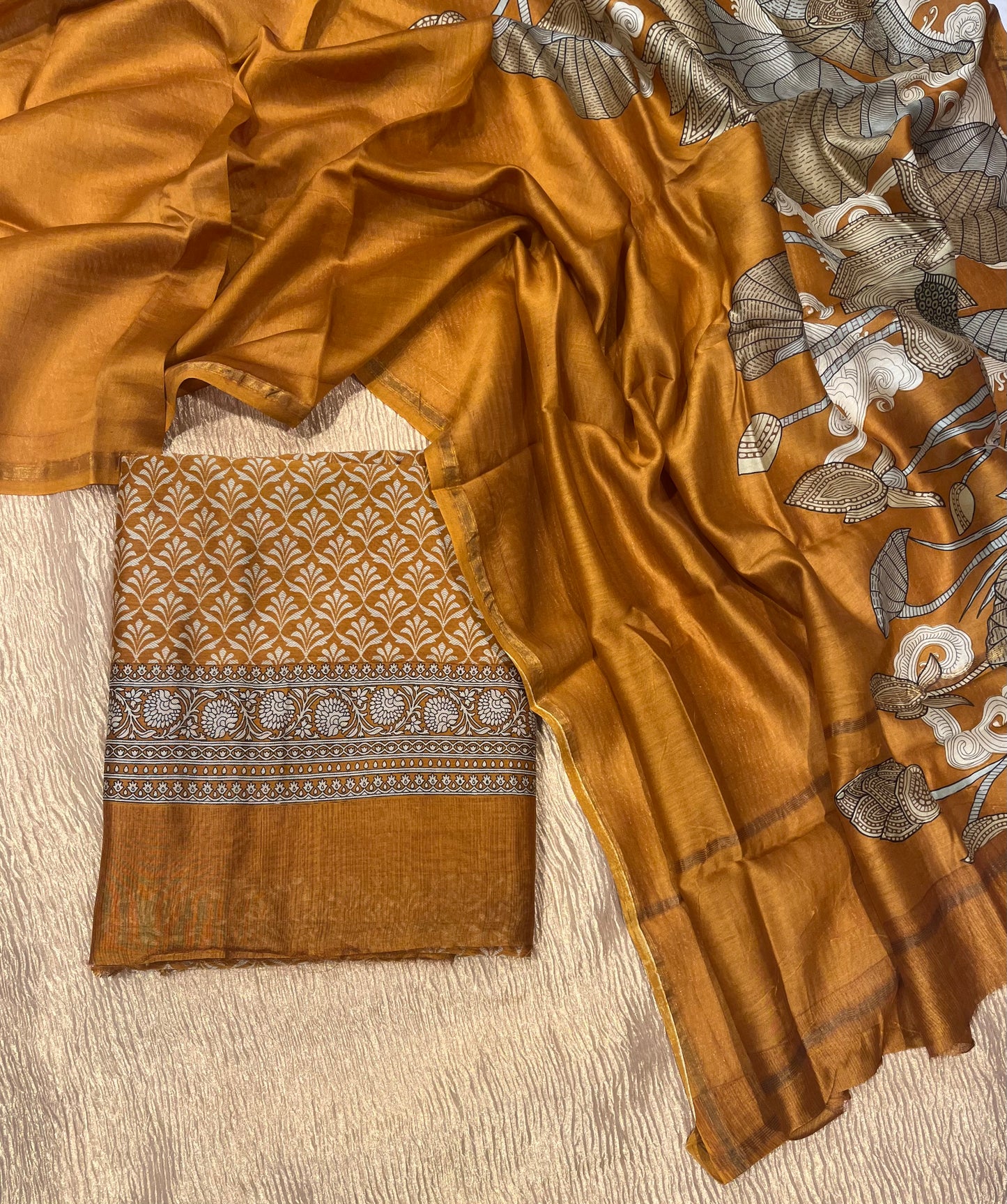 MUSTARD COLOUR CHANDERI SILK PRINTED UNSTITCHED SUIT