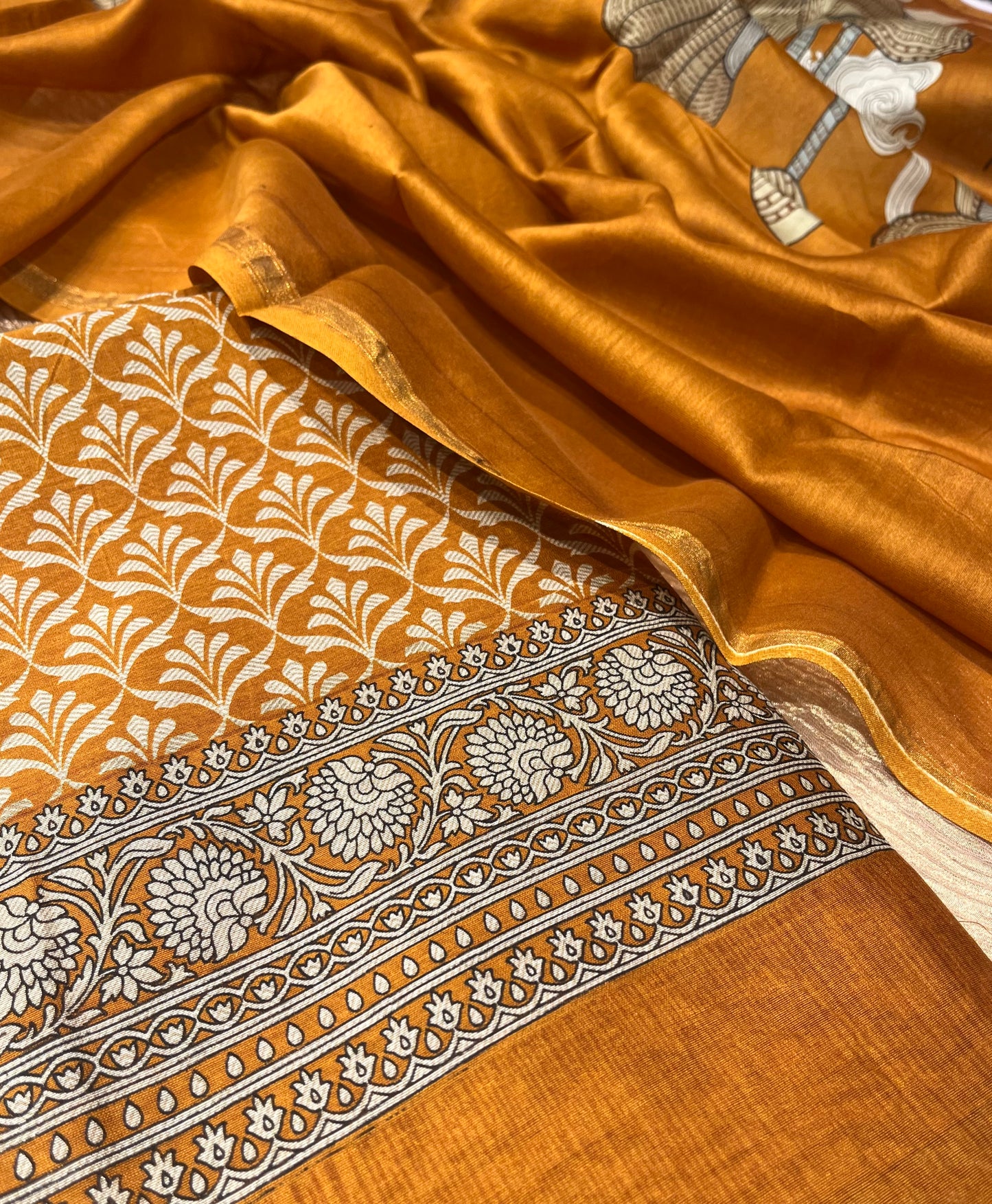 MUSTARD COLOUR CHANDERI SILK PRINTED UNSTITCHED SUIT