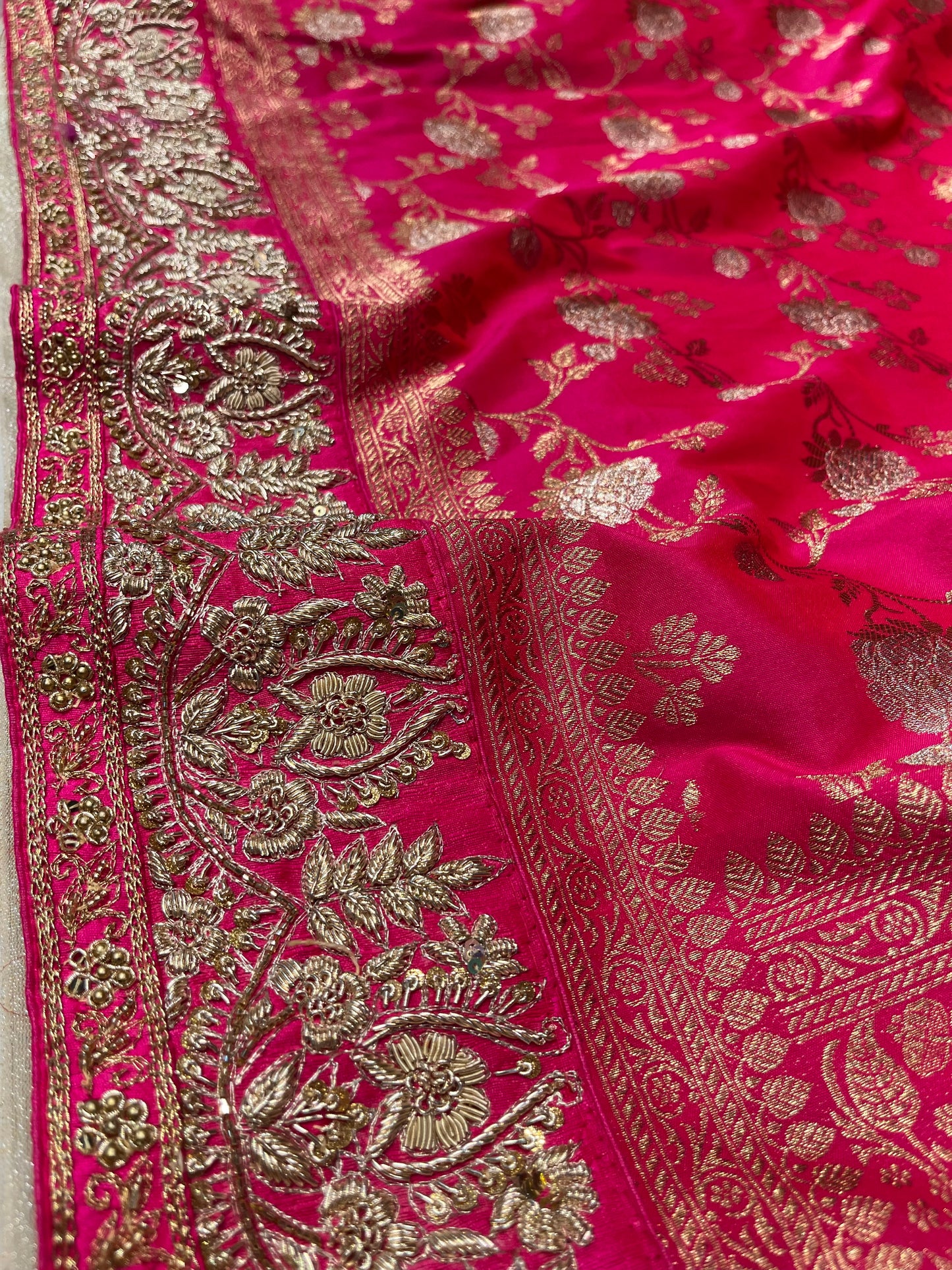 ( DELIVERY IN 25 DAYS ) HOT PINK COLOUR BANARASI SILK EMBROIDERED SAREE EMBELLISHED WITH ZARDOZI WORK