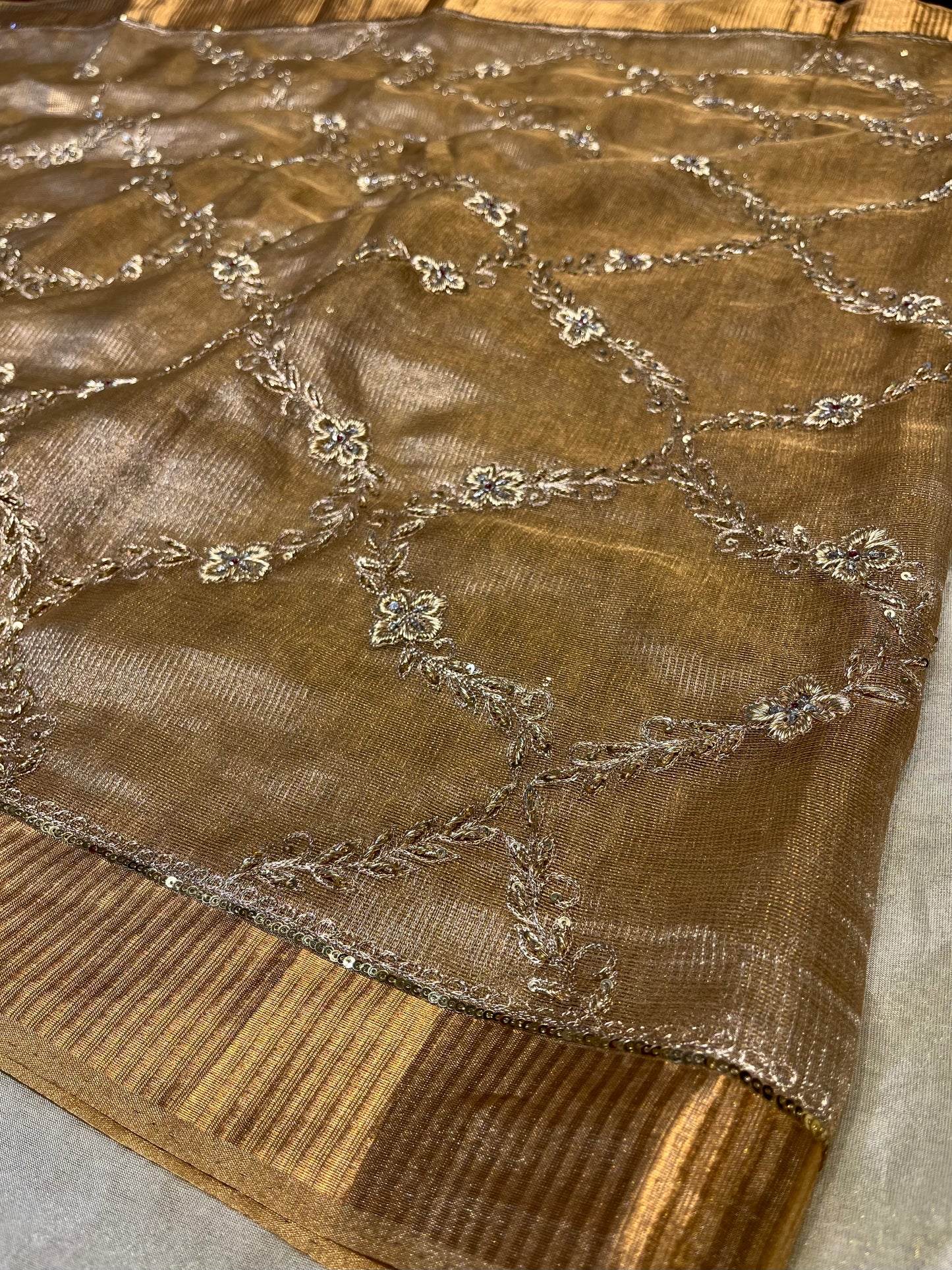 GOLDEN COLOUR MACLINO HAND EMBROIDERED SAREE EMBELLISHED WITH ZARDOZI & SEQUINS WORK ( DELIVERY IN 55 -60 DAYS ) - Kothari Sons