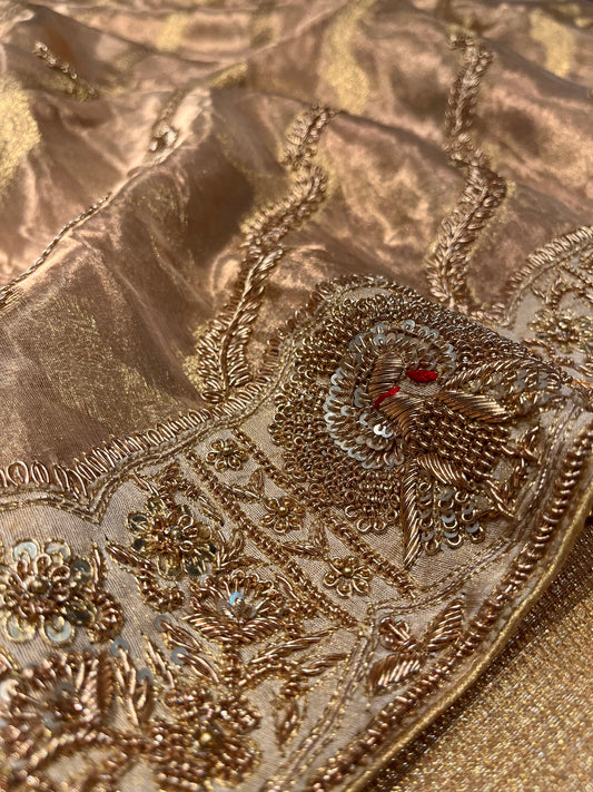 GOLDEN COLOR PURE TISSUE HAND EMBROIDERED SAREE EMBELLISHED WITH ZARDOZI WORK