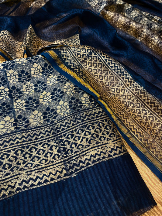 BLUE COLOUR CHANDERI SILK PRINTED UNSTITCHED SUIT