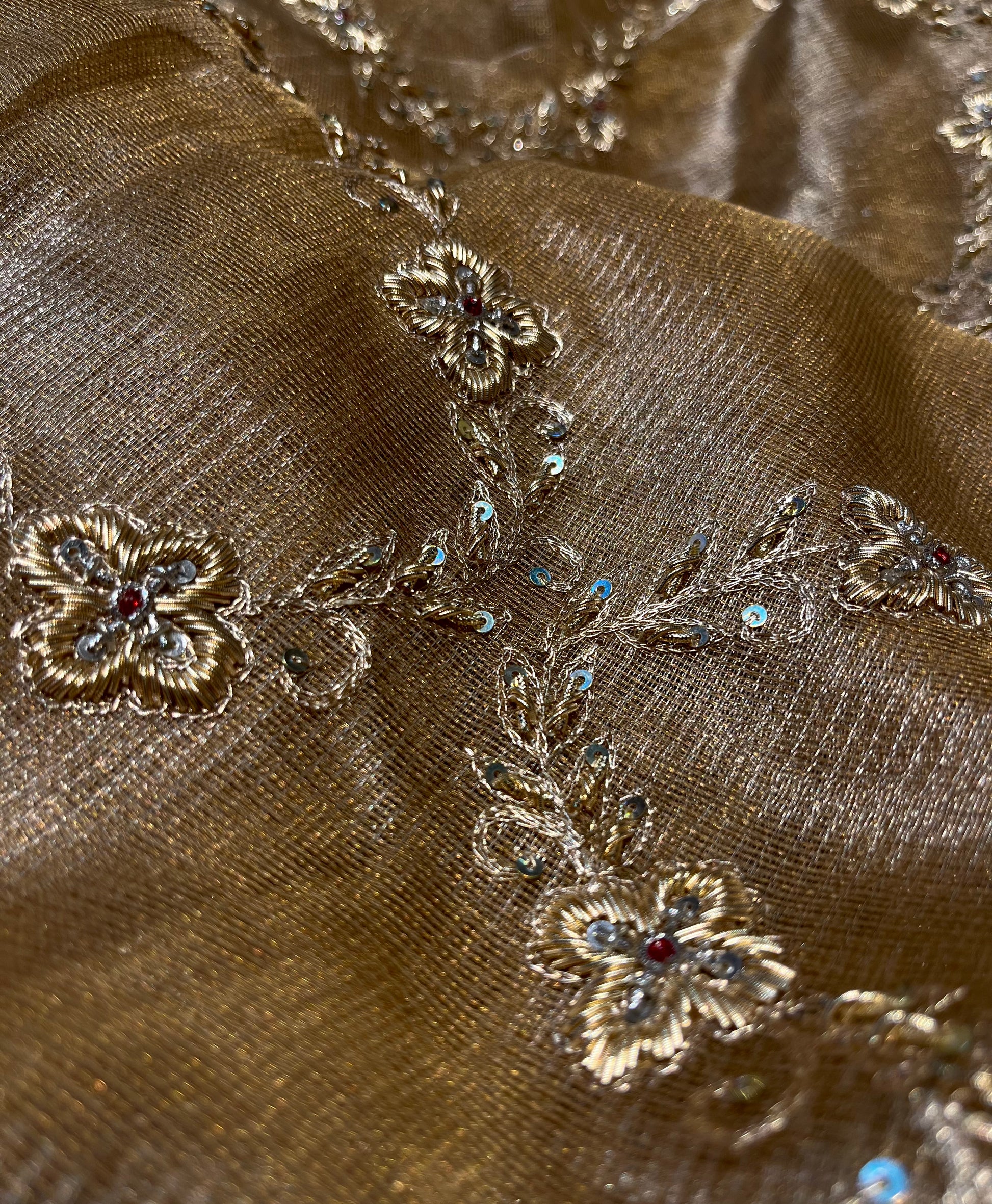 GOLDEN COLOUR MACLINO HAND EMBROIDERED SAREE EMBELLISHED WITH ZARDOZI & SEQUINS WORK ( DELIVERY IN 55 -60 DAYS ) - Kothari Sons