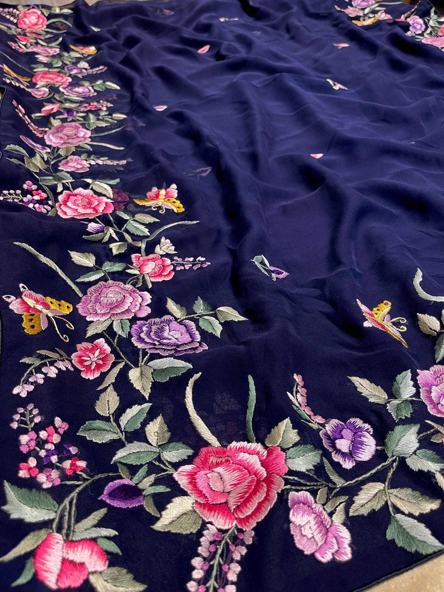 BLUE COLOUR GEORGETTE PARSI GARA HAND EMBROIDERED SAREE EMBELLISHED WITH RESHAM WORK ( DELIVERY IN 60 DAYS )