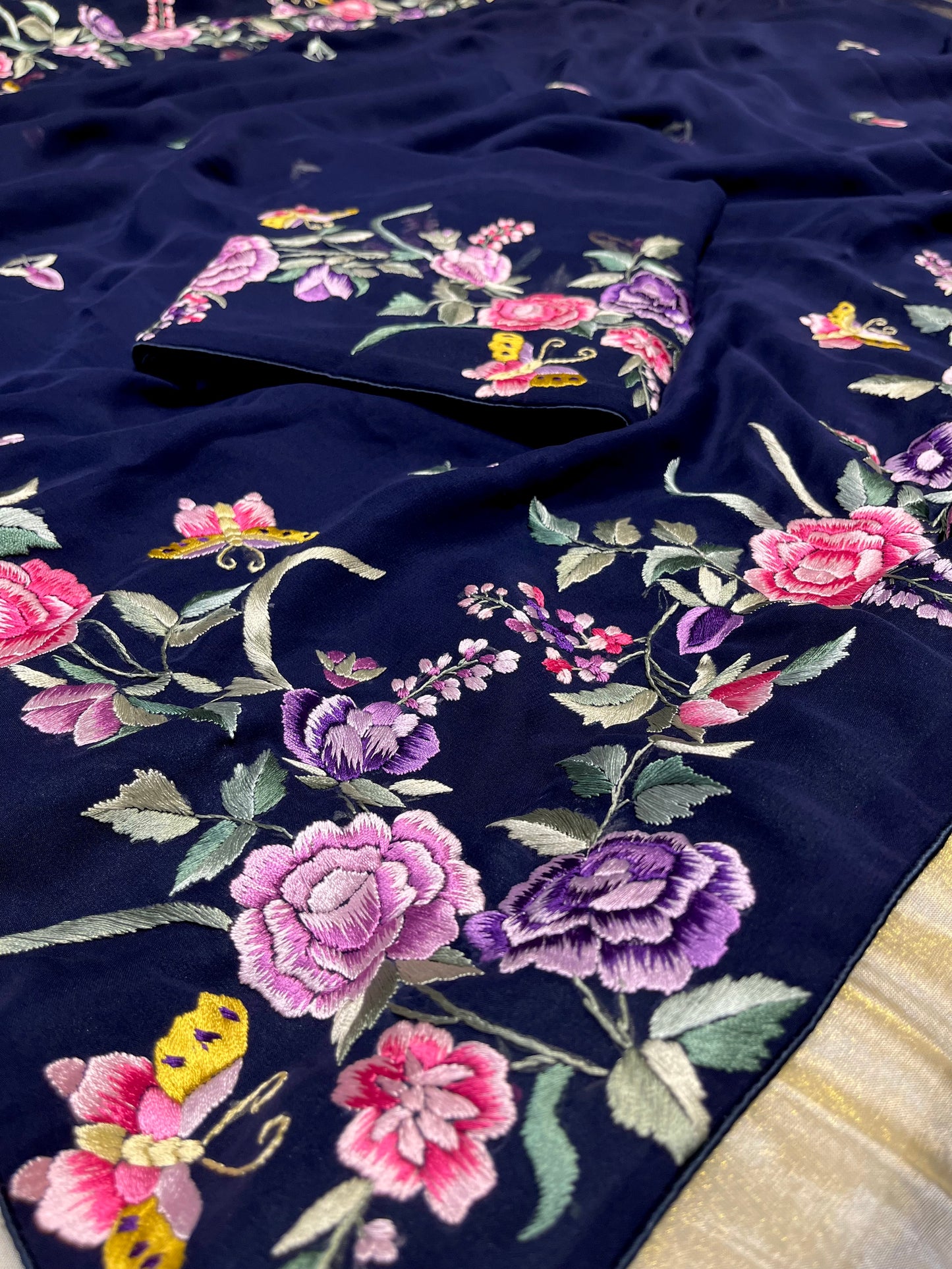 BLUE COLOUR GEORGETTE PARSI GARA HAND EMBROIDERED SAREE EMBELLISHED WITH RESHAM WORK ( DELIVERY IN 60 DAYS )