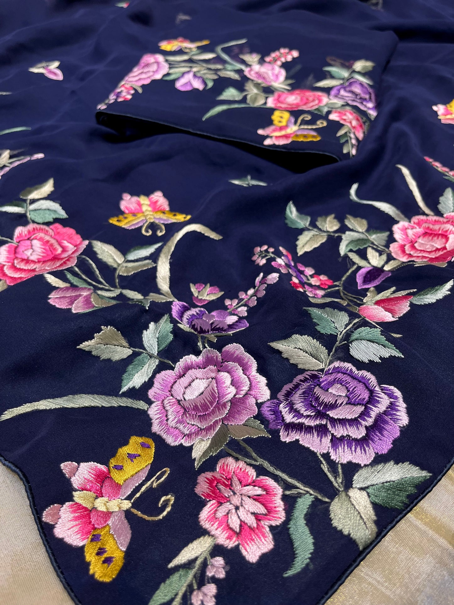 BLUE COLOUR GEORGETTE PARSI GARA HAND EMBROIDERED SAREE EMBELLISHED WITH RESHAM WORK ( DELIVERY IN 60 DAYS )
