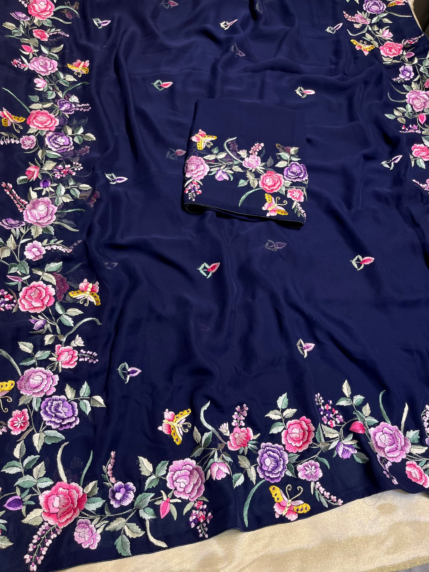 BLUE COLOUR GEORGETTE PARSI GARA HAND EMBROIDERED SAREE EMBELLISHED WITH RESHAM WORK ( DELIVERY IN 60 DAYS )