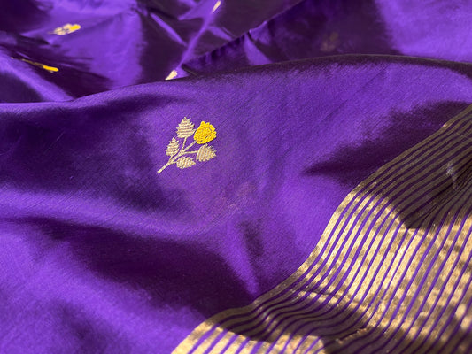 ( DELIVERY IN 25 DAYS ) PURPLE COLOUR PURE CHANDERI SILK HANDLOOM SAREE WITH CONTRAST BORDER & BOOTI EMBELLISHED WITH ZARI WEAVES