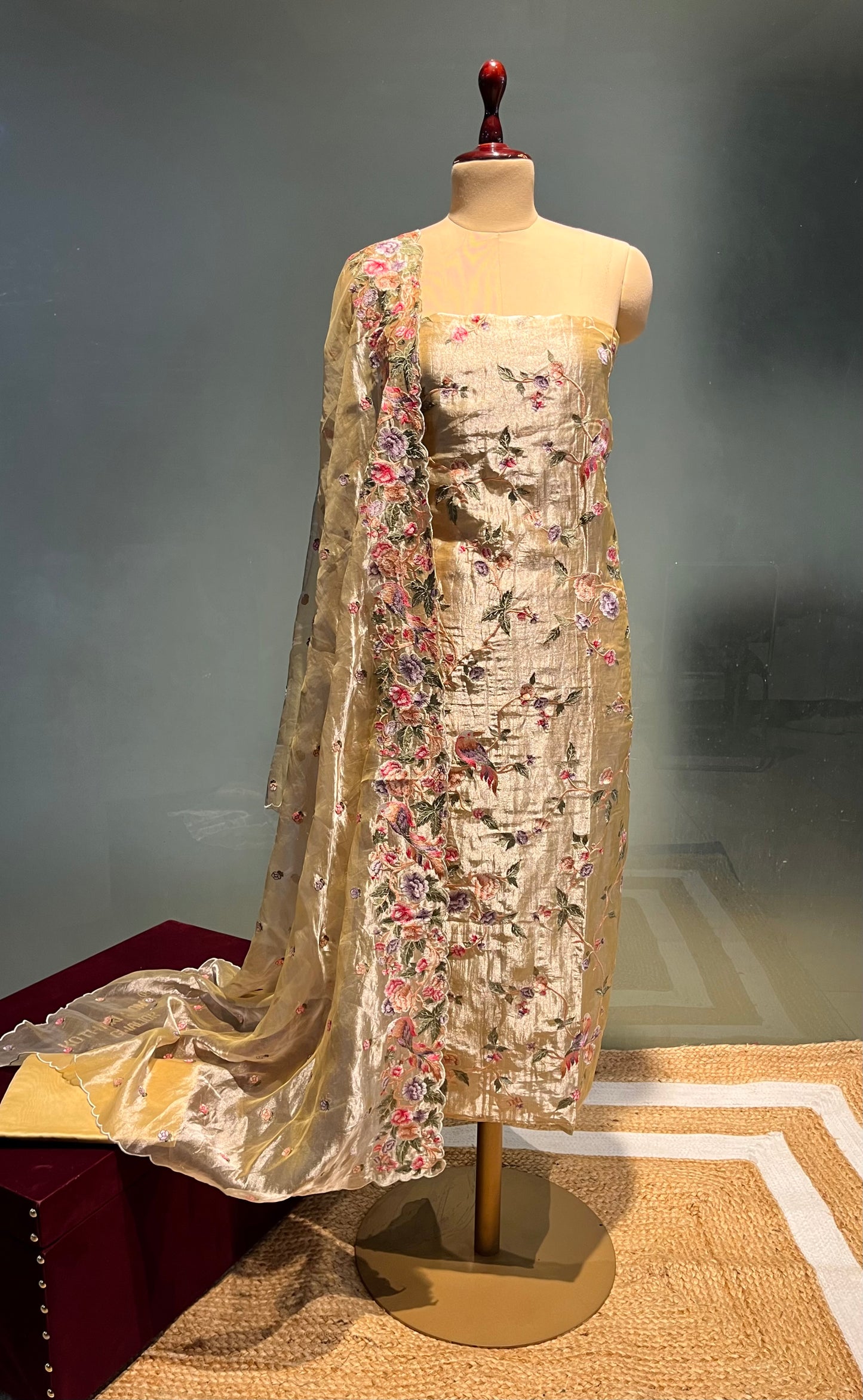 BEIGE COLOUR PURE TISSUE SILK UNSTITCHED PARSI RESHAM EMBROIDERY SUIT & CHANDERI BOTTOM