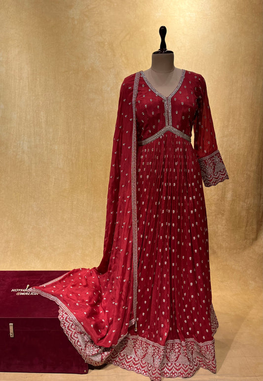 RUST COLOUR CHINON EMBROIDERED FLOOR LENGTH SUIT EMBELLISHED WITH ZARI WORK