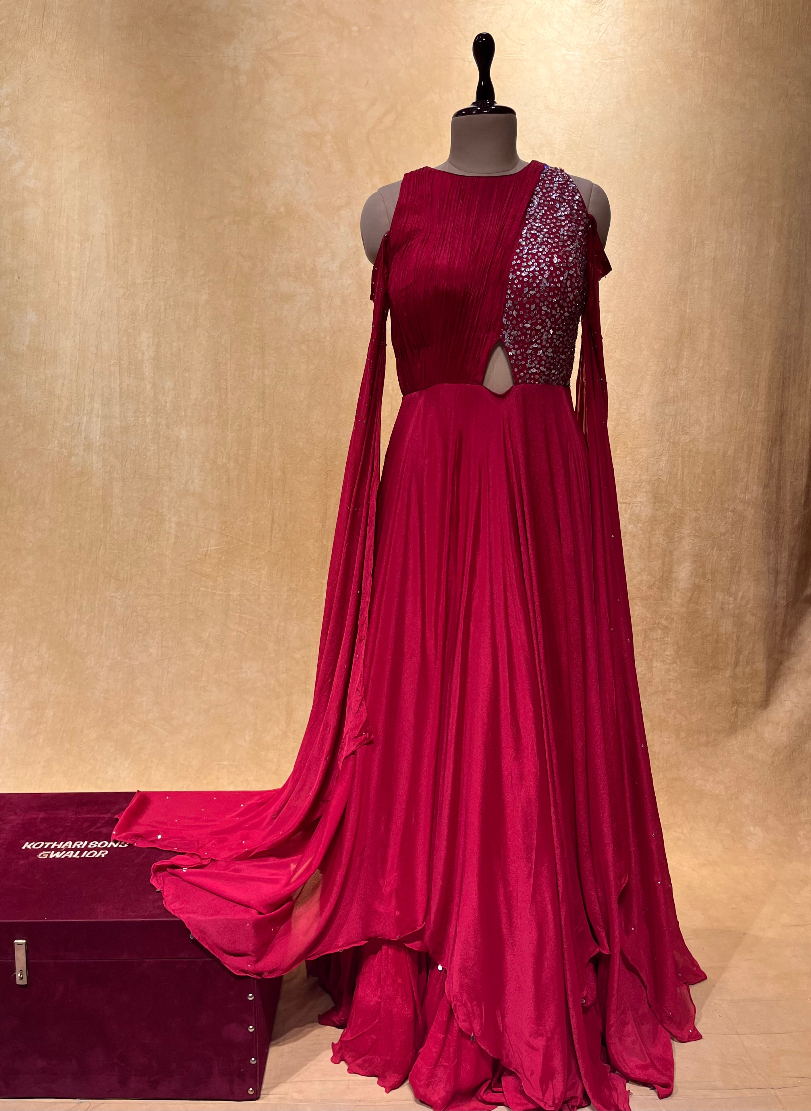 Sanya Gulati Embroidered Gown | Maroon, Viscose Georgette, Full | Burgundy  gown, Pink gowns, Anarkali dress pattern