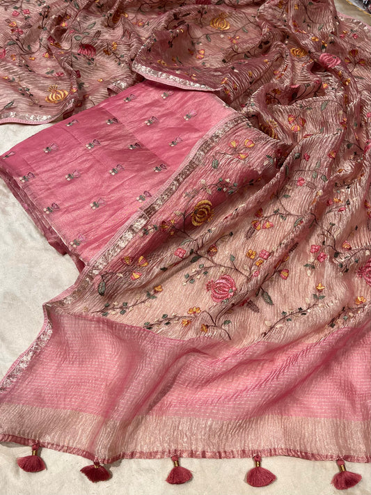 PINK COLOUR TISSUE SILK UNSTITCHED SUIT WITH CRUSHED TISSUE DUPATTA EMBELLISHED WITH RESHAM EMBROIDERY