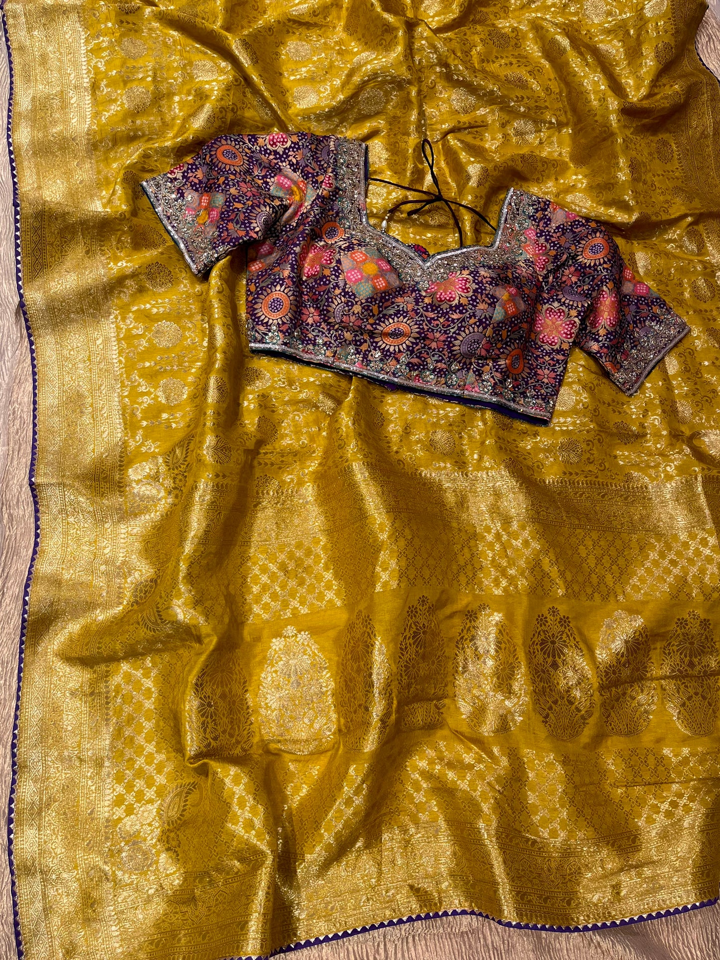 YELLOW COLOUR DOLA SILK READYMADE BLOUSE SAREE EMBELLISHED WITH SEQUINS & ZARDOZI WORK ( UNSTITCHED BLOUSE INCLUDE )