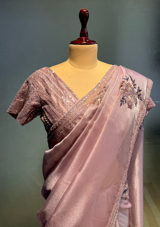 MAUVE COLOUR IMPORTED GLITTER ORGANZA SAREE WITH READYMADE BLOUSE EMBELLISHED WITH CUTDANA WORK