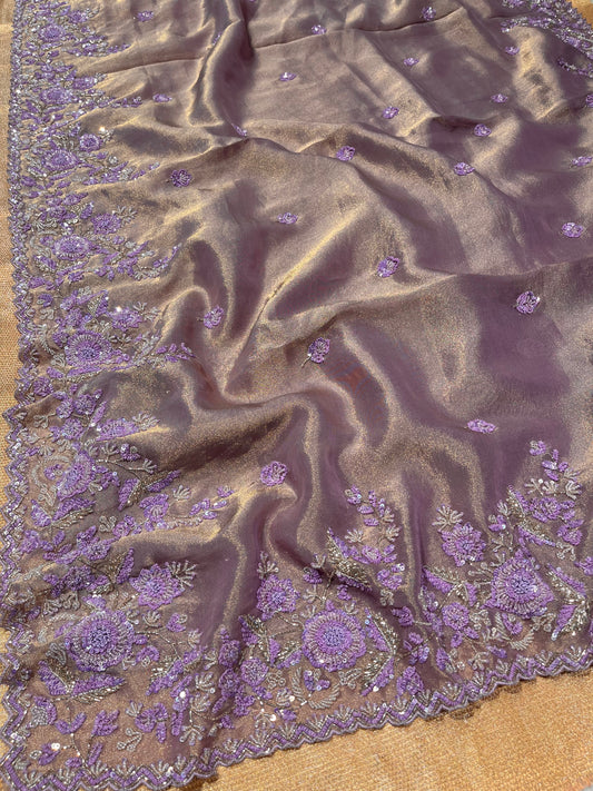 PURPLE COLOUR TISSUE HAND EMBROIDERED SAREE EMBELLISHED WITH SEQUINS & CUTDANA WORK