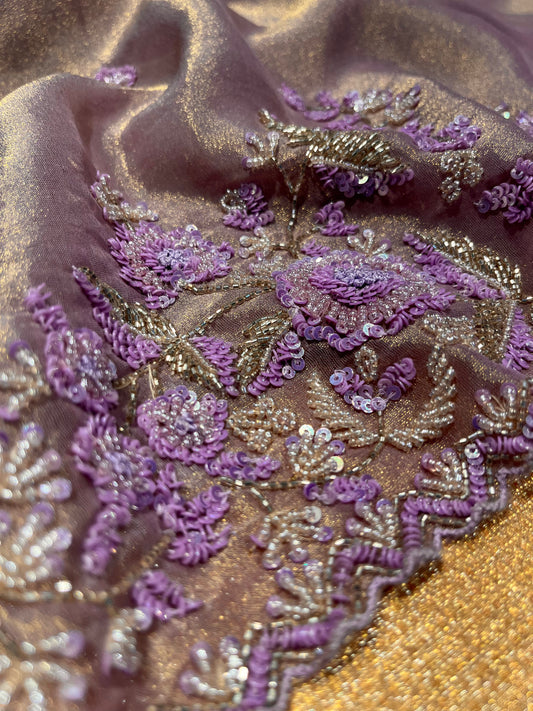 PURPLE COLOUR TISSUE HAND EMBROIDERED SAREE EMBELLISHED WITH SEQUINS & CUTDANA WORK