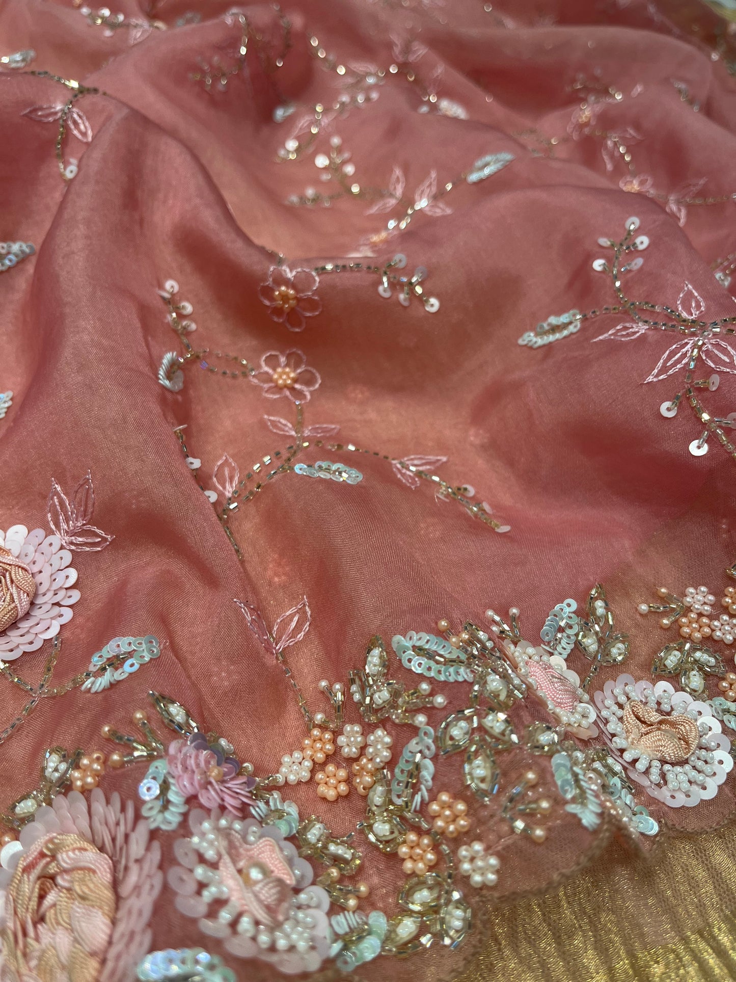 PINK COLOUR ORGANZA EMBROIDERED SAREE WITH NET BLOUSE EMBELLISHED WITH CUTDANA, SEQUINS & BEADS WORK