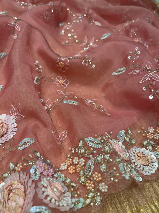 PINK COLOUR ORGANZA EMBROIDERED SAREE WITH NET BLOUSE EMBELLISHED WITH CUTDANA, SEQUINS & BEADS WORK