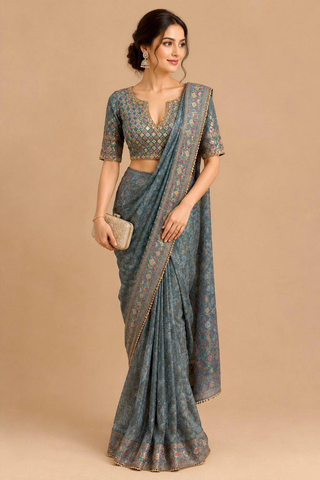 GREY COLOUR BANARASI Silk READYMADE SAREE WITH ZARDOZI & CUTDANA WORK EMBROIDERED BLOUSE - Kothari Sons