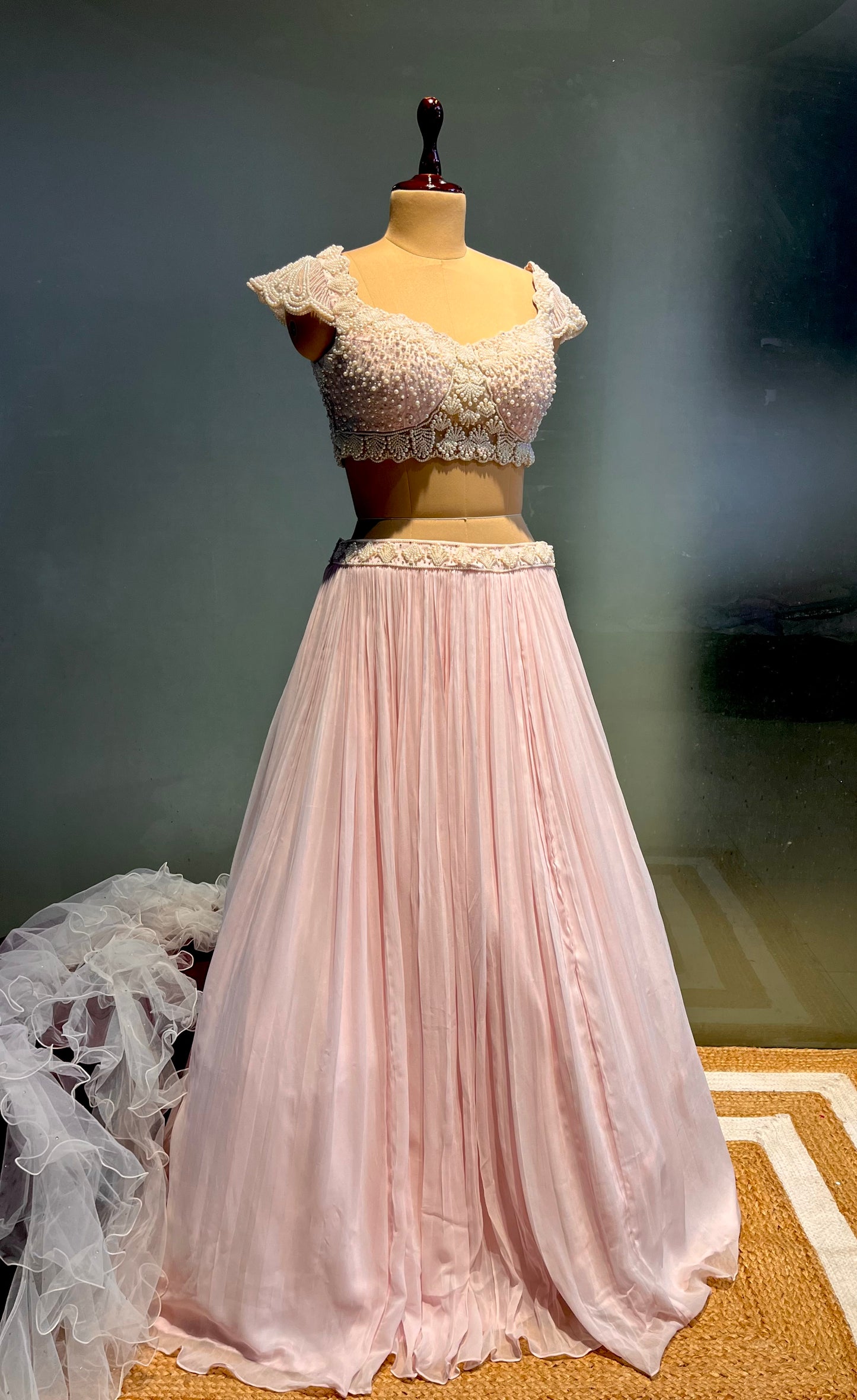 PINK COLOUR GEORGETTE SKIRT WITH READYMADE CROP TOP & RUFFLE DUPATTA EMBELLISHED WITH PEARL WORK