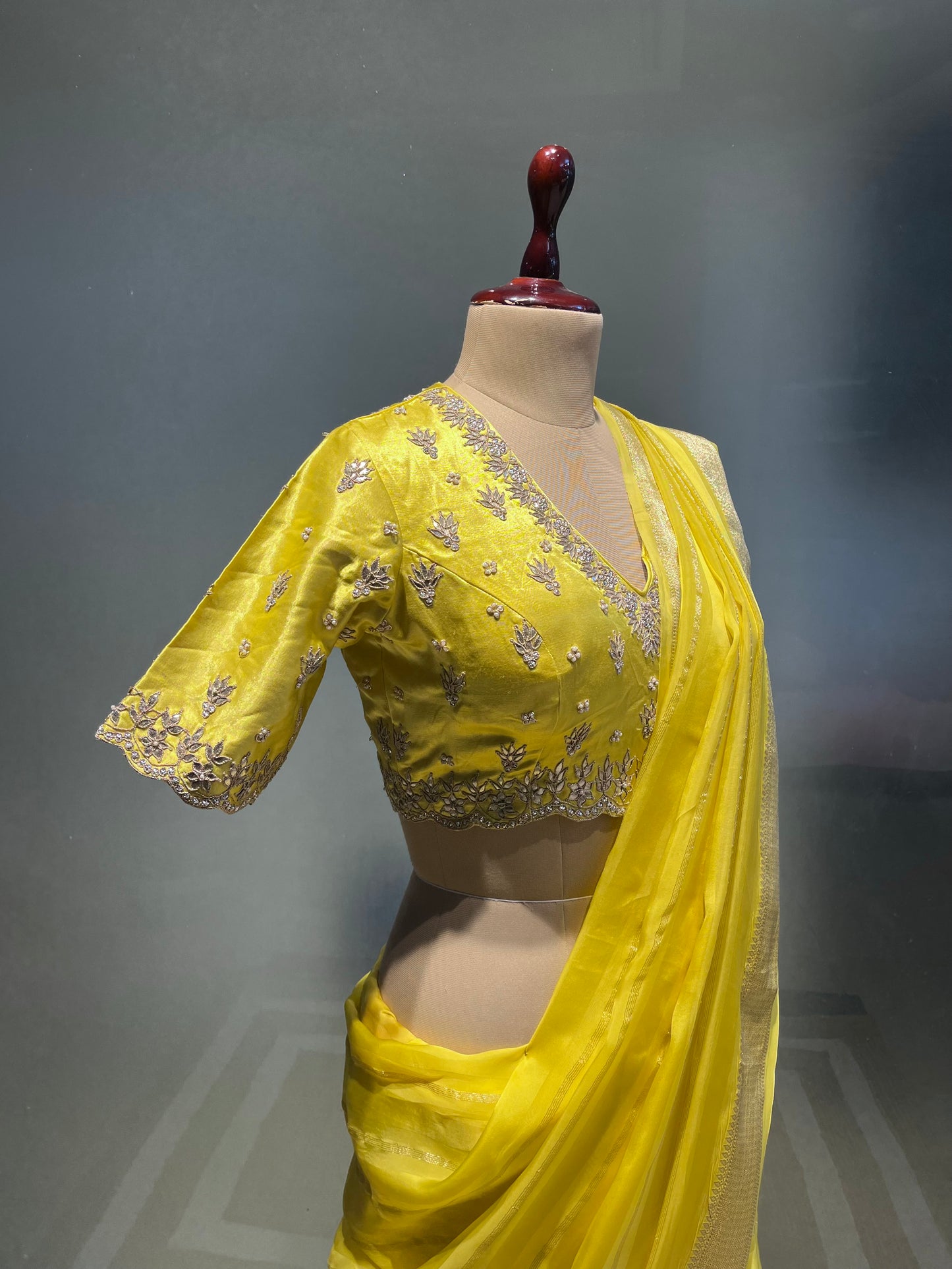 LEMON YELLOW COLOUR ORGANZA SAREE WITH READYMADE EMBROIDERED BLOUSE EMBELLISHED WITH GOTA PATTI WORK