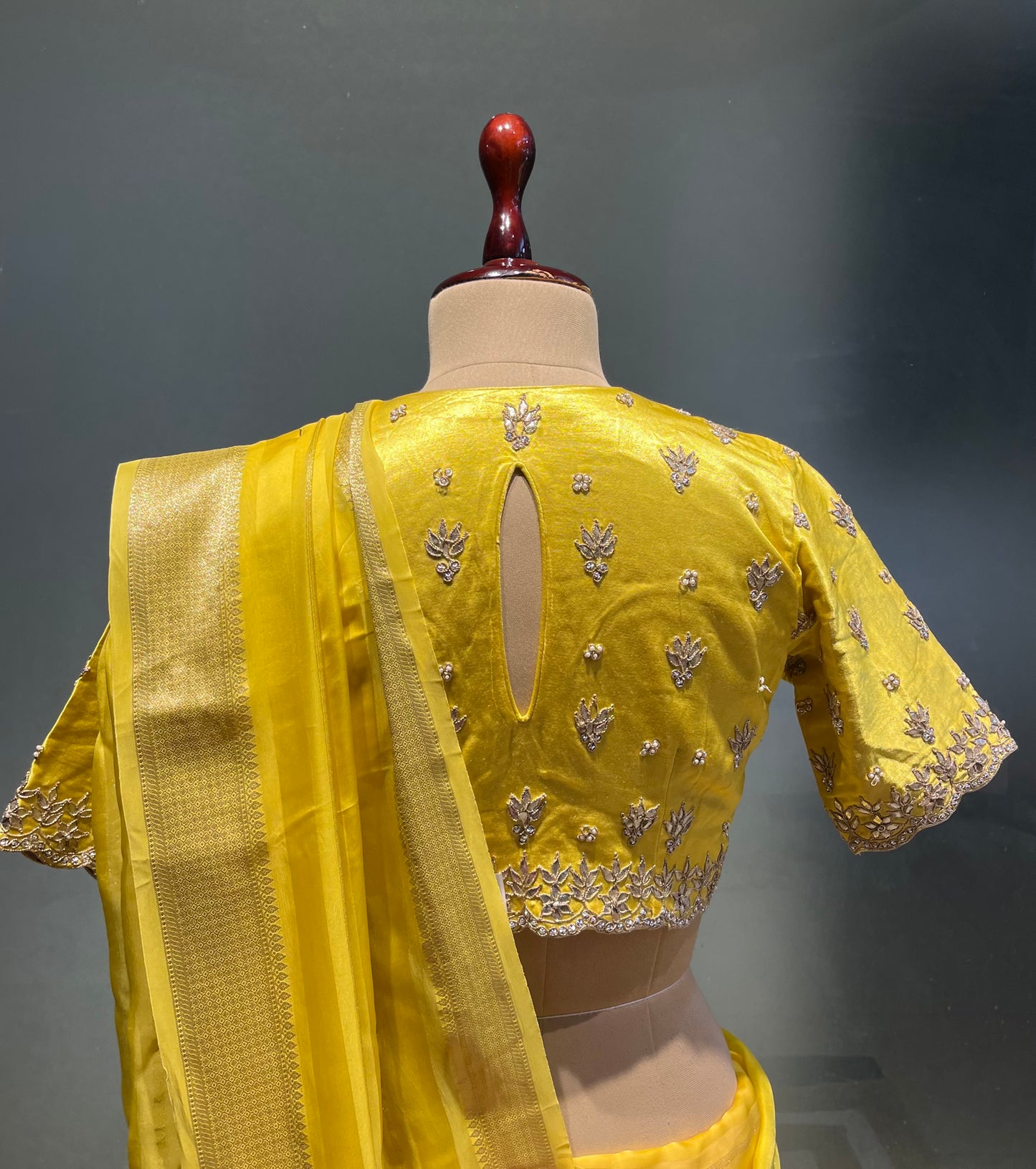 LEMON YELLOW COLOUR ORGANZA SAREE WITH READYMADE EMBROIDERED BLOUSE EMBELLISHED WITH GOTA PATTI WORK