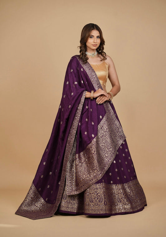 PURPLE BANARASI LEHENGA WITH DUPATTA AND MONOTONE BLOUSE