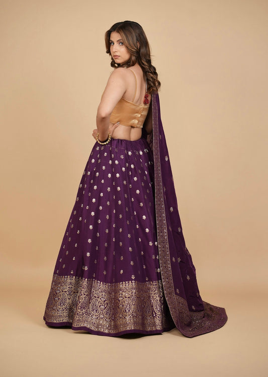 PURPLE BANARASI LEHENGA WITH DUPATTA AND MONOTONE BLOUSE