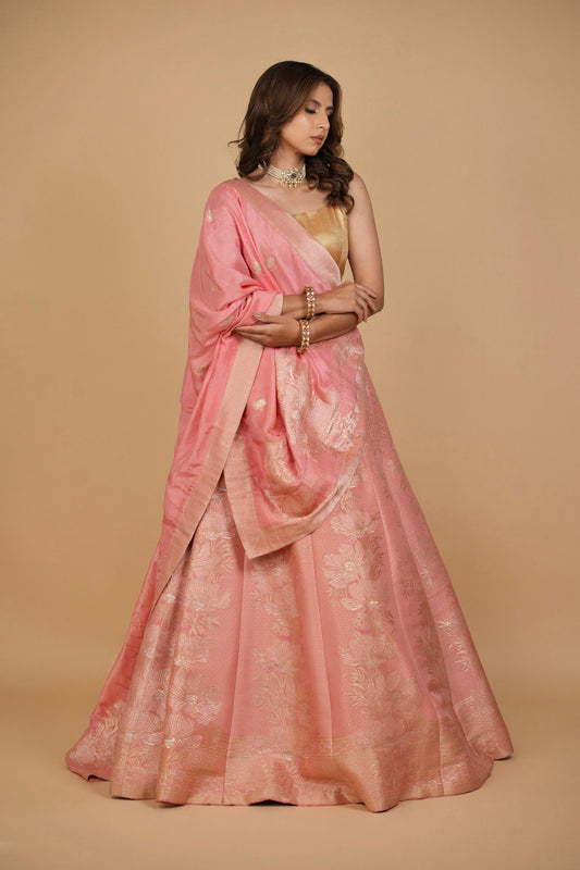 LIGHT PINK BANARASI LEHENGA WITH DUPATTA AND MONOTONE BLOUSE