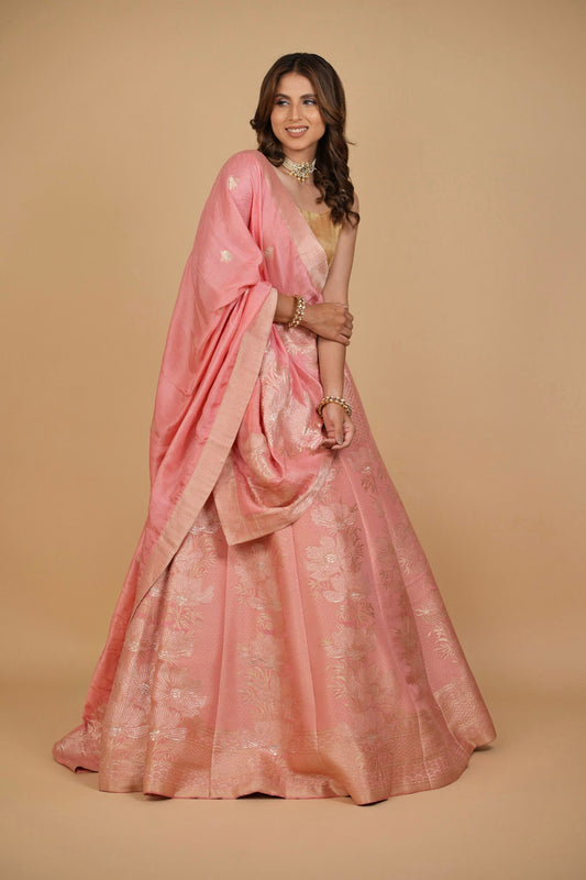 LIGHT PINK BANARASI LEHENGA WITH DUPATTA AND MONOTONE BLOUSE