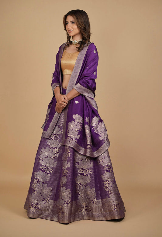 PURPLE BANARASI LEHENGA WITH DUPATTA AND MONOTONE BLOUSE