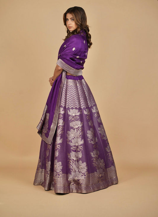 PURPLE BANARASI LEHENGA WITH DUPATTA AND MONOTONE BLOUSE