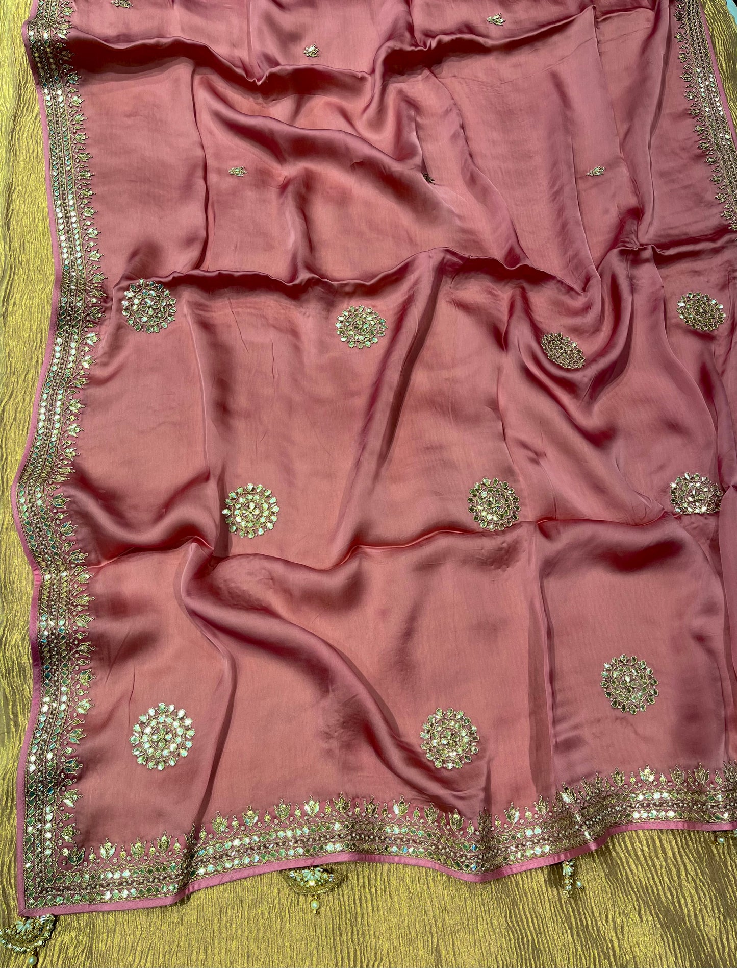 PINK COLOUR ITALIAN CREPE GOTA PATTI EMBROIDERED SAREE