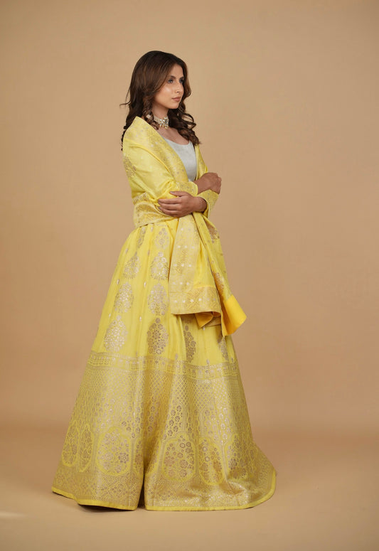 LIGHT YELLOW BANARASI LEHENGA WITH DUPATTA AND MONOTONE BLOUSE