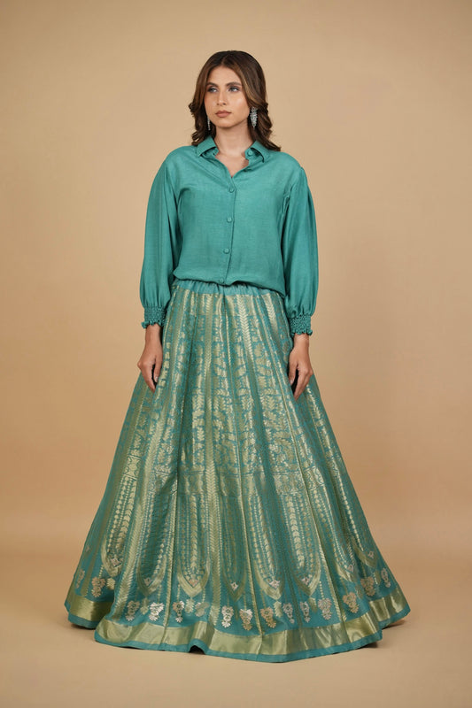 TURQUOISE BANARASI TISSUE LEHENGA WITH SILK SHIRT