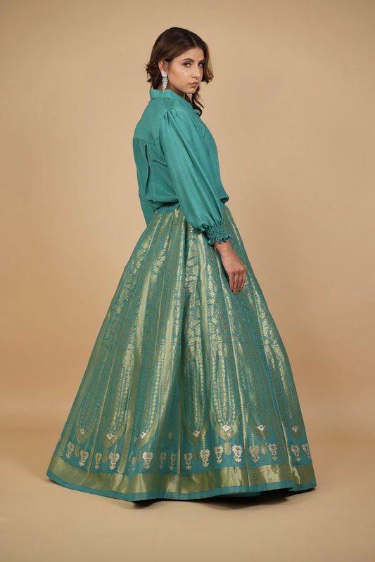 TURQUOISE BANARASI TISSUE LEHENGA WITH SILK SHIRT