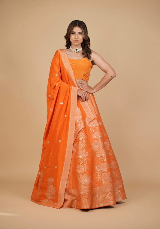 ORANGE BANARASI LEHENGA WITH DUPATTA AND MONOTONE BLOUSE
