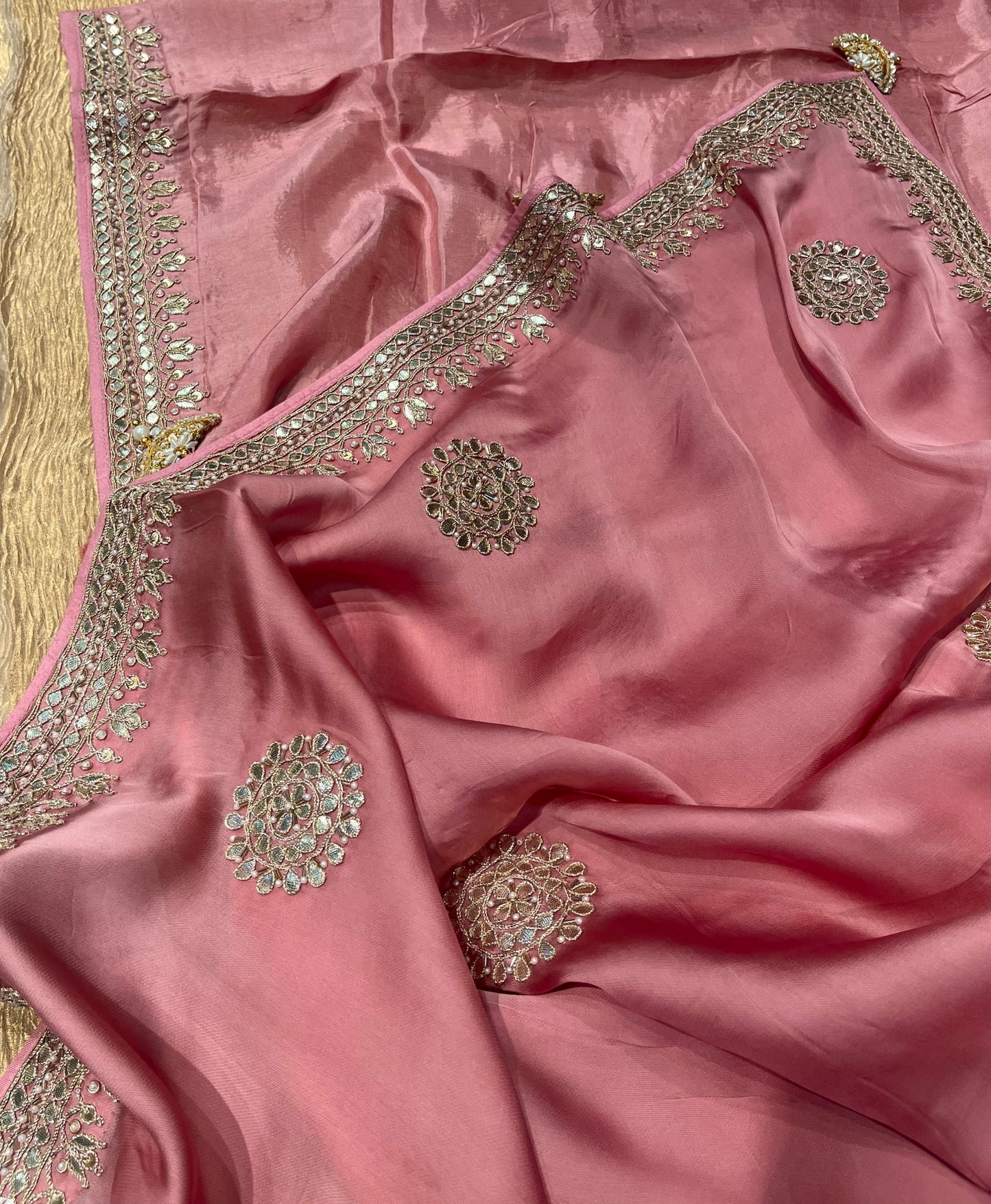 PINK COLOUR ITALIAN CREPE GOTA PATTI EMBROIDERED SAREE