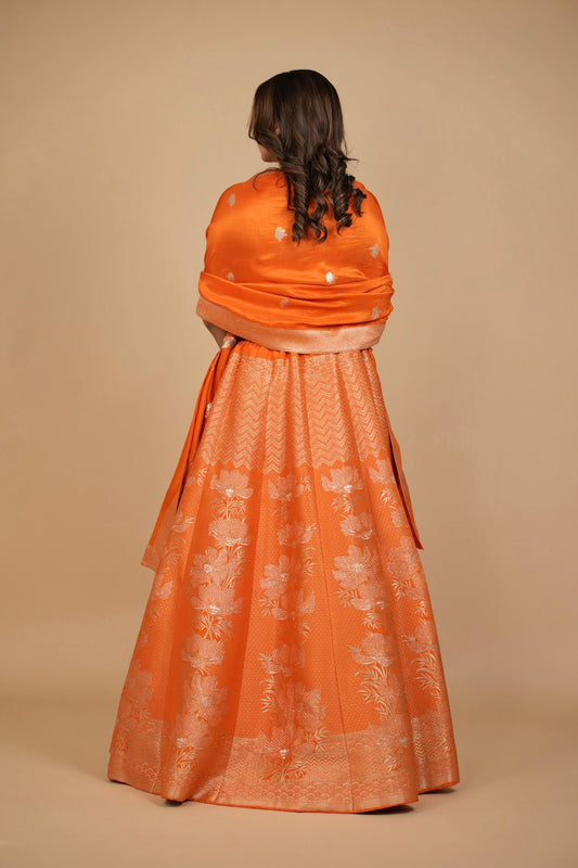 ORANGE BANARASI LEHENGA WITH DUPATTA AND MONOTONE BLOUSE