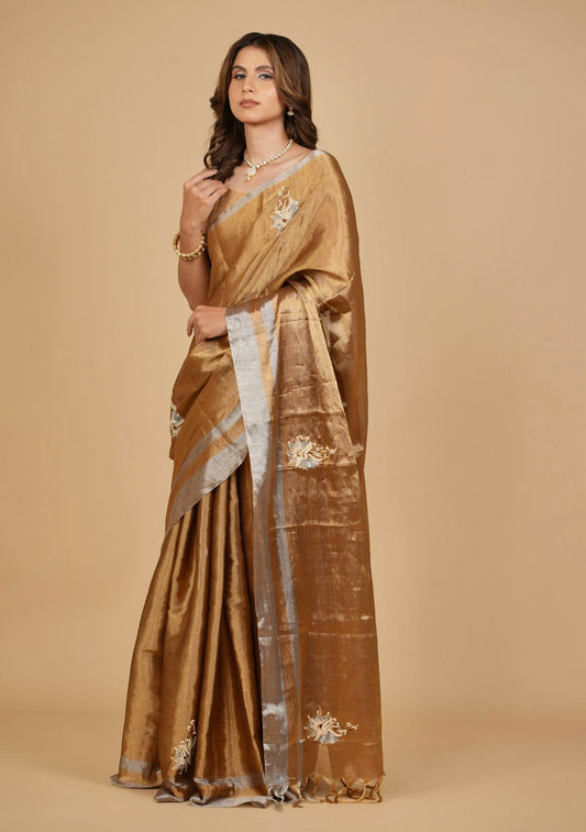 ANTIQUE GOLD CHANDERI SOFT TISSUE SAREE WITH ZARDOZI WORK MOTIFS