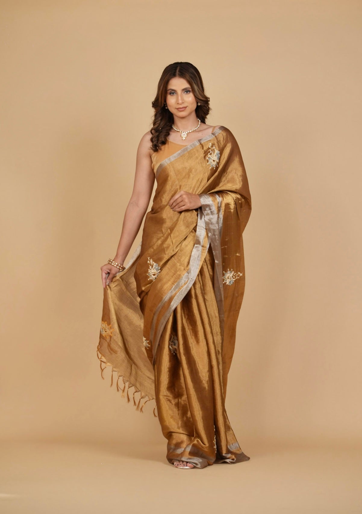 ANTIQUE GOLD CHANDERI SOFT TISSUE SAREE WITH ZARDOZI WORK MOTIFS