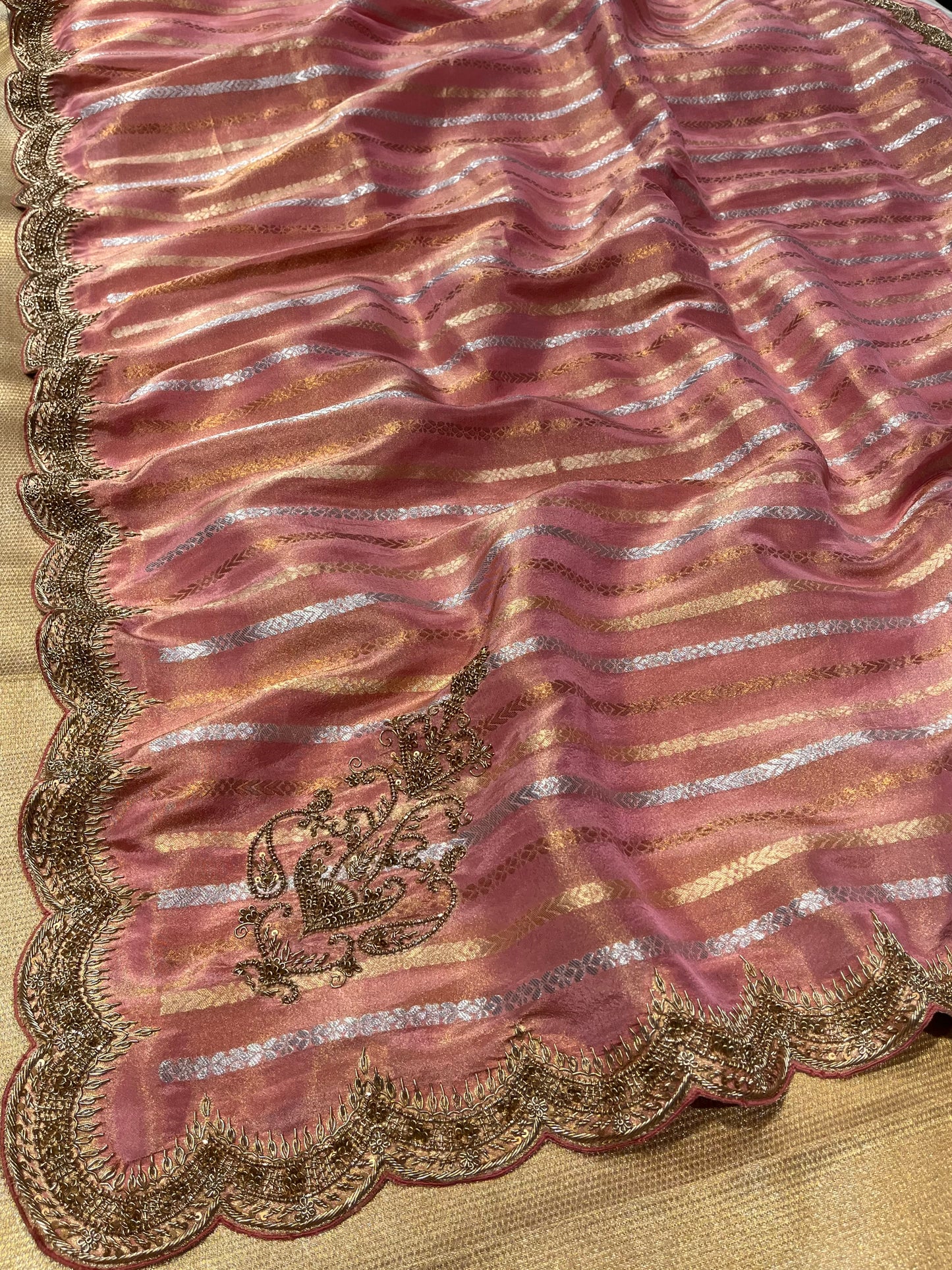 PINK COLOUR TISSUE HAND EMBROIDERED SAREE EMBELLISHED WITH ZARDOZI WORK