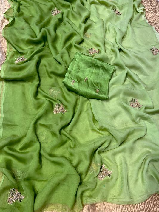 PASTEL GREEN COLOUR SHADED PURE CHIFFON HAND EMBROIDERED SAREE