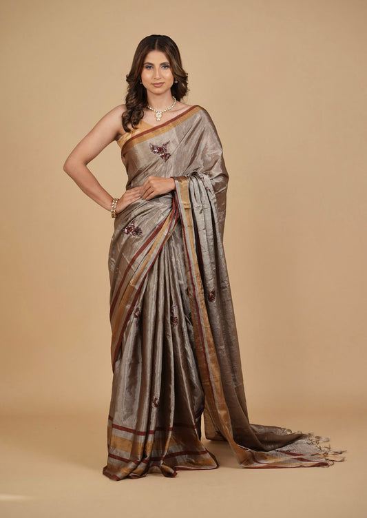 PURE CHANDERI TISSUE SAREE WITH OXIDISED SILVER AND COPPER ZARI WEAVE AND HAND-EMBROIDERED BIRD MOTIFS