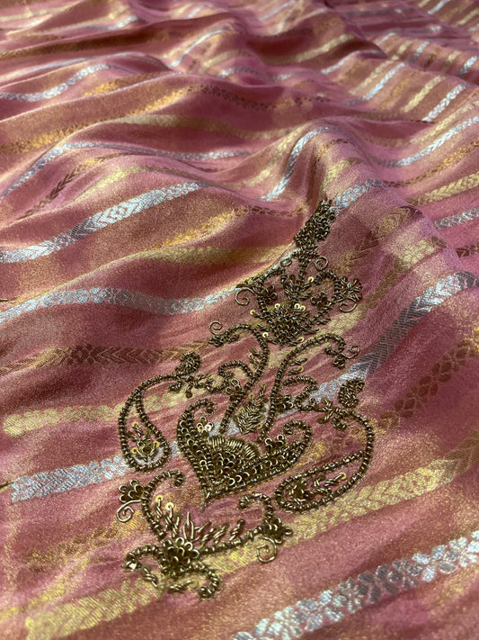 PINK COLOUR TISSUE HAND EMBROIDERED SAREE EMBELLISHED WITH ZARDOZI WORK