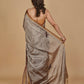 PURE CHANDERI TISSUE SAREE WITH OXIDISED SILVER AND COPPER ZARI WEAVE AND HAND-EMBROIDERED BIRD MOTIFS