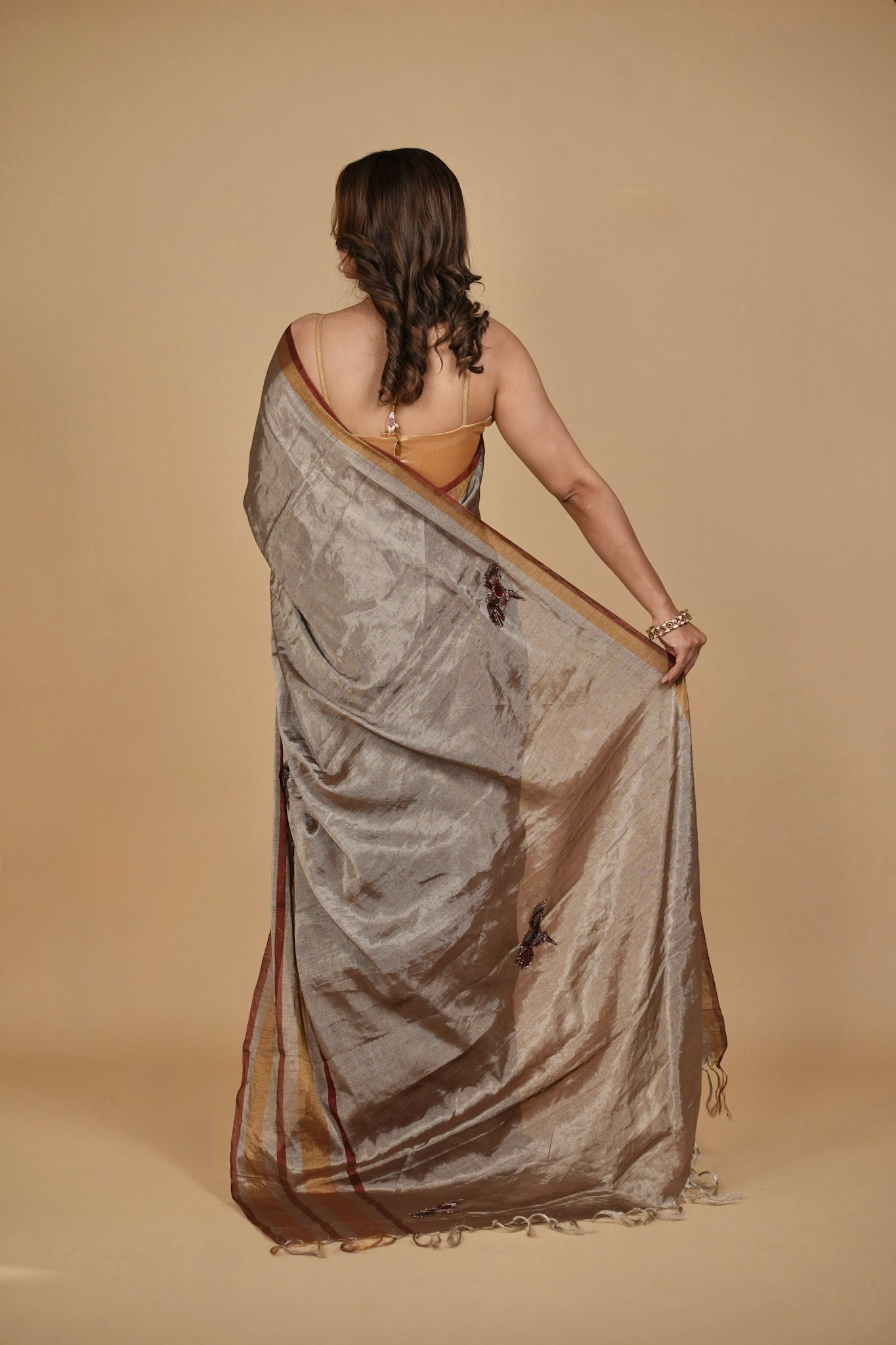PURE CHANDERI TISSUE SAREE WITH OXIDISED SILVER AND COPPER ZARI WEAVE AND HAND-EMBROIDERED BIRD MOTIFS