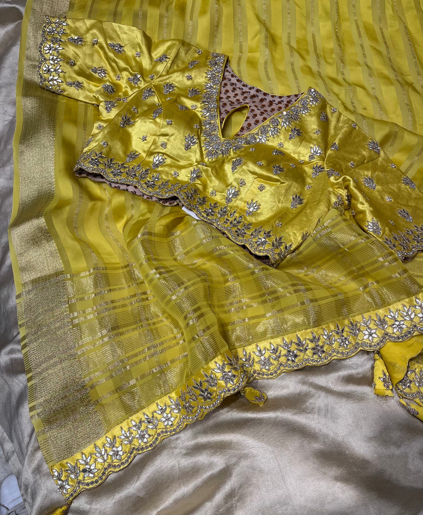 LEMON YELLOW COLOUR ORGANZA SAREE WITH READYMADE EMBROIDERED BLOUSE EMBELLISHED WITH GOTA PATTI WORK