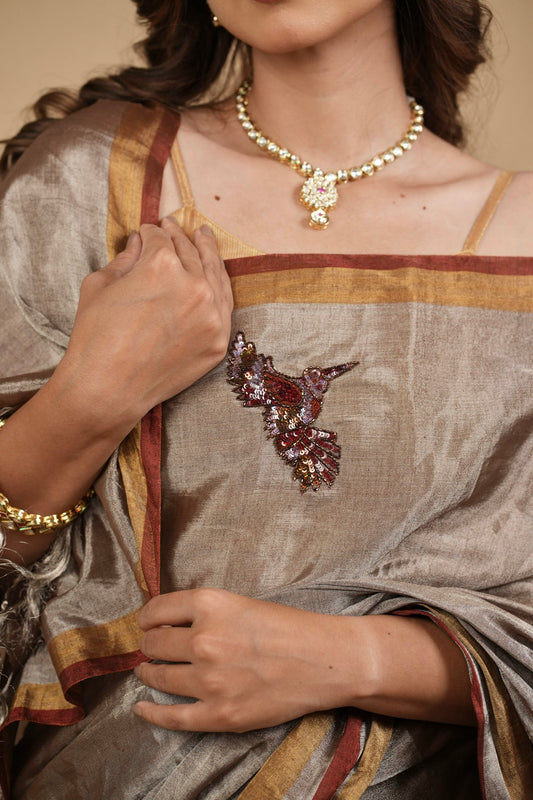 PURE CHANDERI TISSUE SAREE WITH OXIDISED SILVER AND COPPER ZARI WEAVE AND HAND-EMBROIDERED BIRD MOTIFS