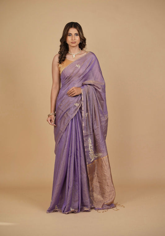 LILAC CHANDERI TISSUE SAREE WITH INTRICATE GOLDEN ZARDOZI MOTIFS